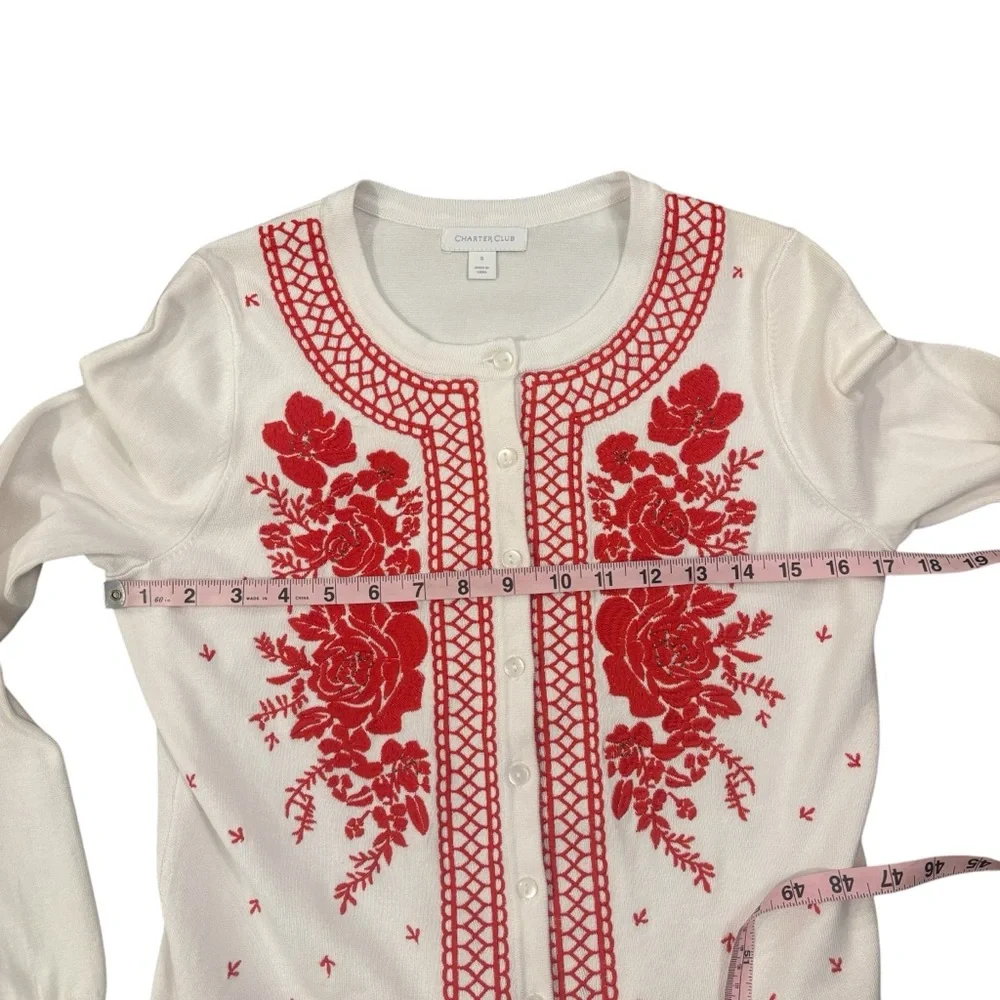 Charter Club White with Red Floral Embroidery Button up Sweater Small